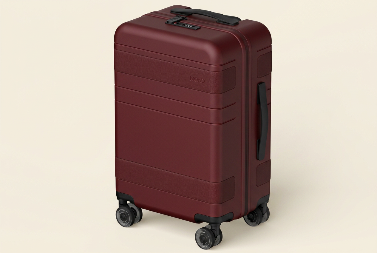 MOND Carry-On 20″ hardshell in matte oxblood with oxblood leather band
