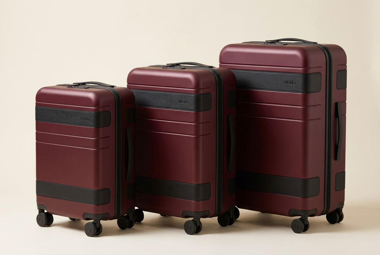 The MOND Set — three matte oxblood hardshell cases in 20, 24 and 28 inch sizes